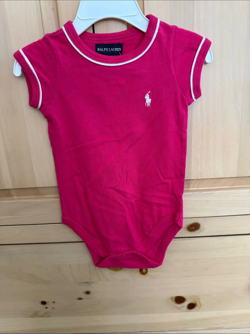 NWT. Ralph Lauren Hot Pink Infant Polo Bodysuit with White Trim